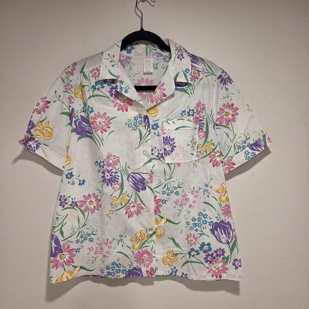 True Vintage 80s Floral Blouse Button Up Sz 16 Cotton Cottage Grandma Retro Vtg